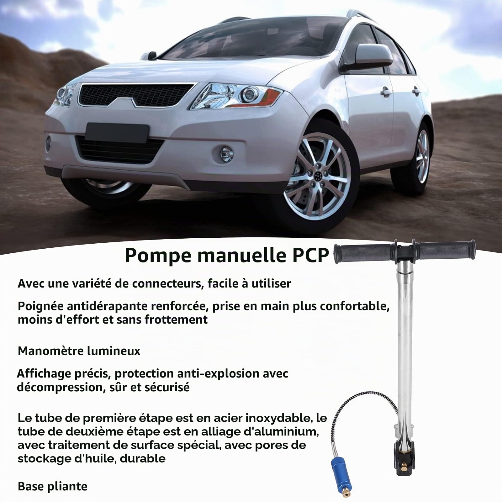Pompe à Haute Pression à 4 étages, Pompes à Main PCP à économie de Main-d'œuvre Bon filtrage en Acier Inoxydable 4500 psi léger avec manomètre pour gonflables pour Matelas pneumatique
