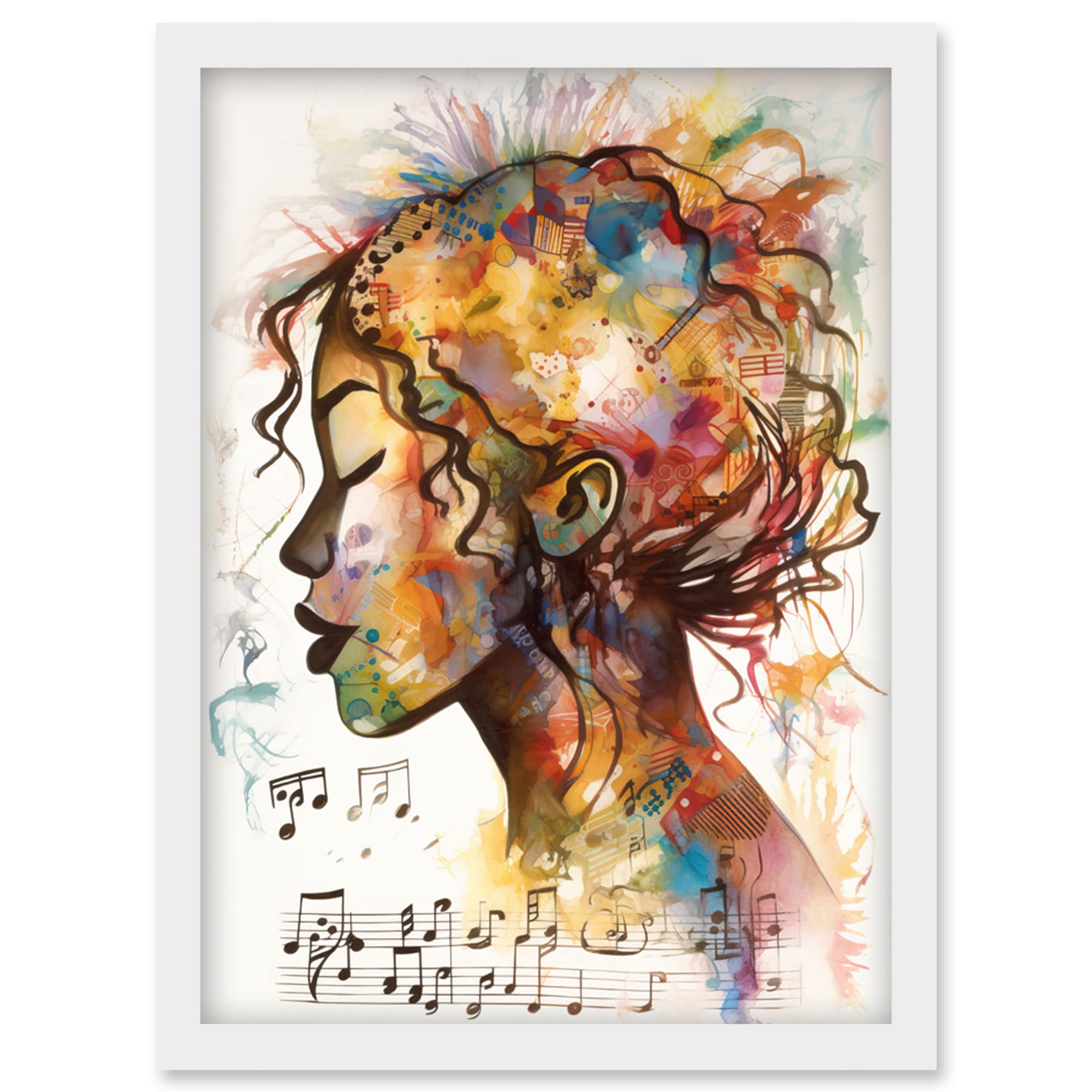 Artery8 Musical Meditation Synesthesia Woman Listening to Music Modern Watercolour Painting Artwork Framed Wall Art Print A4