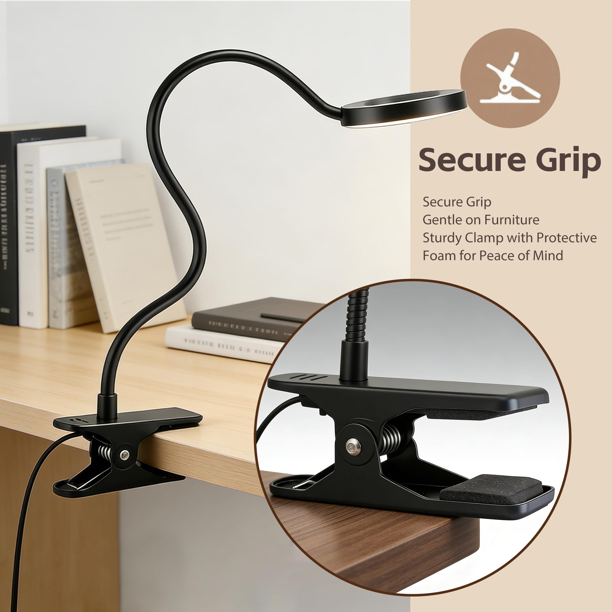 Sunny Power Lámpara de escritorio, [3 modos de color y 10 brillo] Luz de lectura LED con abrazadera, luz de libro de brazo flexible de silicona para niños, libro de lectura en la cama por la noche