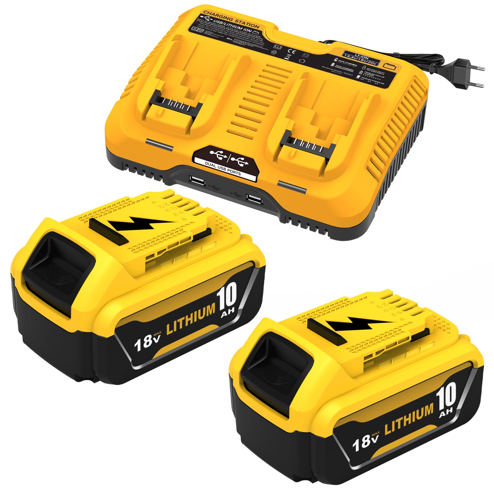 Batterie 2 pièces 10,0Ah de Rechange pour Dewalt Batterie 18V + 1 pièce 3A DCB107 pour Dewalt Chargeur 10,8~20V Chargeur de Batterie avec Affichage LED (Tout Jaune)
