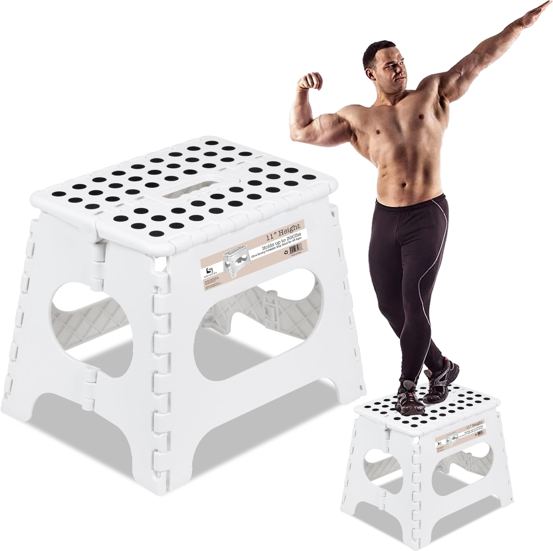Spranster Super Strong Folding Step Stool - 11" - Sturdy Enough to Hold 300 Lb - Lightweight Foldable Step Stool for Adults and Kids - Opens with one Flip - Great for Kitchen, Bathroom and Bedroom