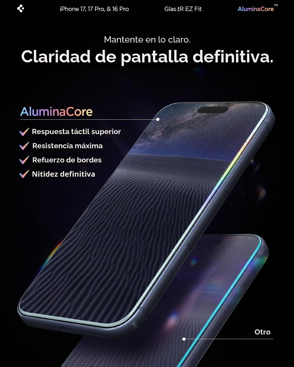 Spigen Glas.tR EZ Fit Protector Pantalla para iPhone 17, iPhone 17 Pro, iPhone 16 Pro, 2 Unidades, Instalación Fácil, Alta Definicion, Dureza 9H