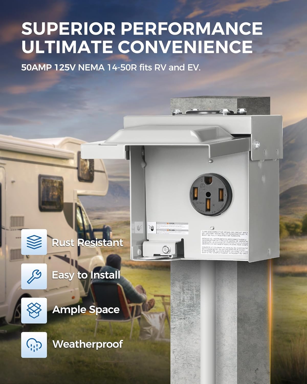 50 Amp RV Power Outlet Box, 125V/250V NEMA 14-50R RV Outlet, Weatherproof Outdoor Electrical Box with Receptacle Panel, Enclosed Lockable Power Box for RV Camper, ETL Listed H01OB06 50 Amp 14-50R