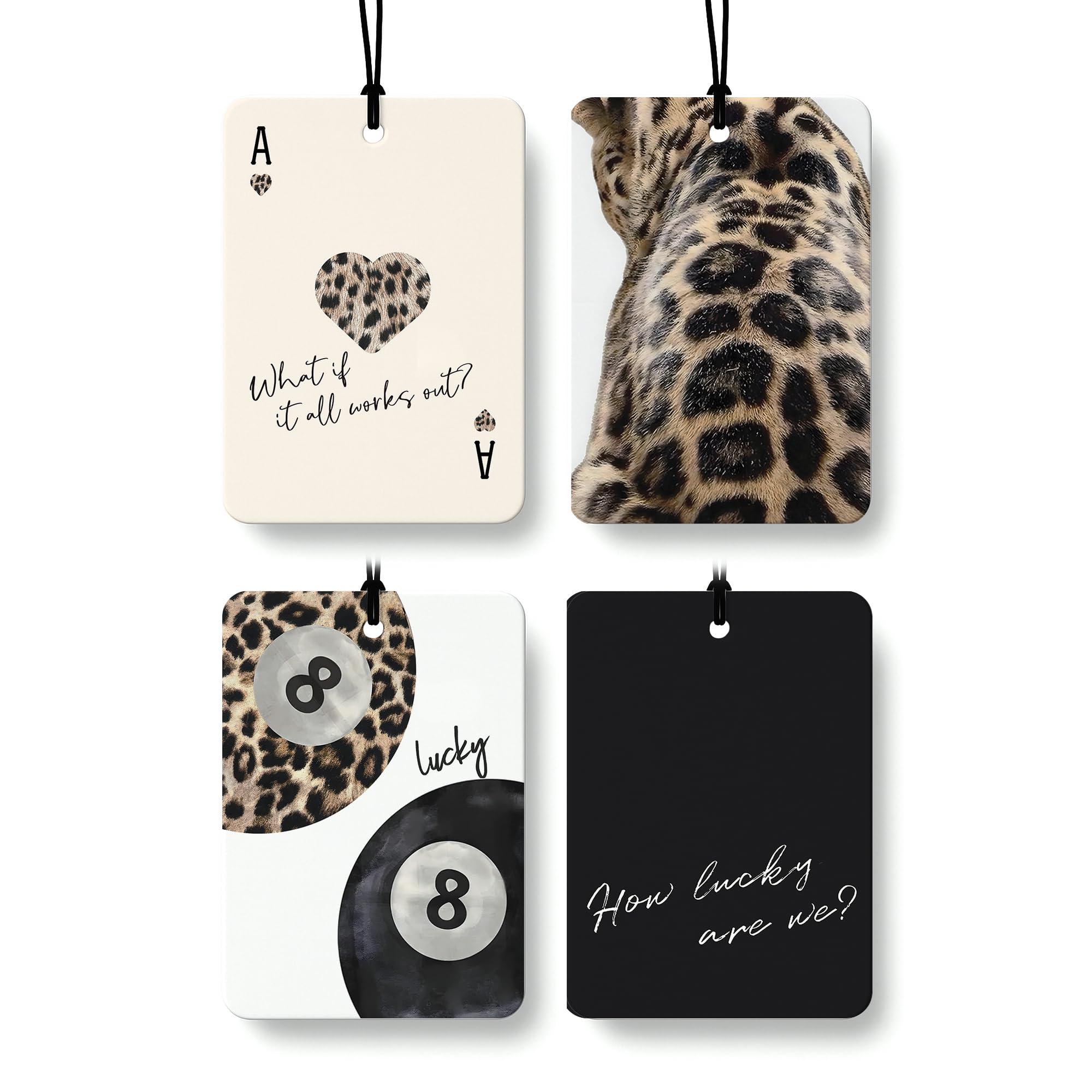 Black Leopard Print Car Air Freshener 4 Pcs Trendy Cheetah Lucky 8 Ball Ace Card Hanging Air Freshener