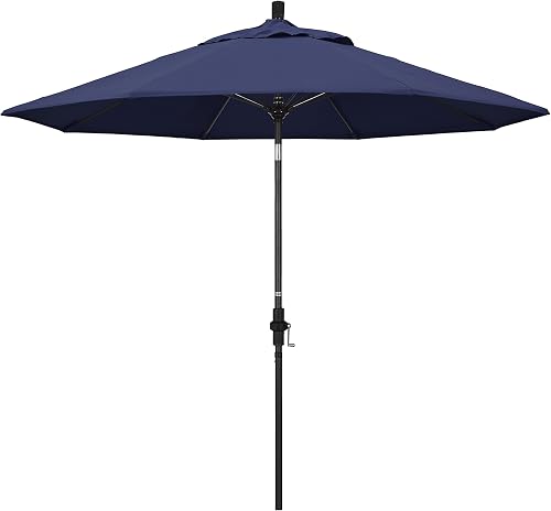 California Umbrella 9' Round Aluminum Pole Fiberglass Rib Patio Umbrella, Crank Lift, Collar Tilt, Black Pole, Navy Blue