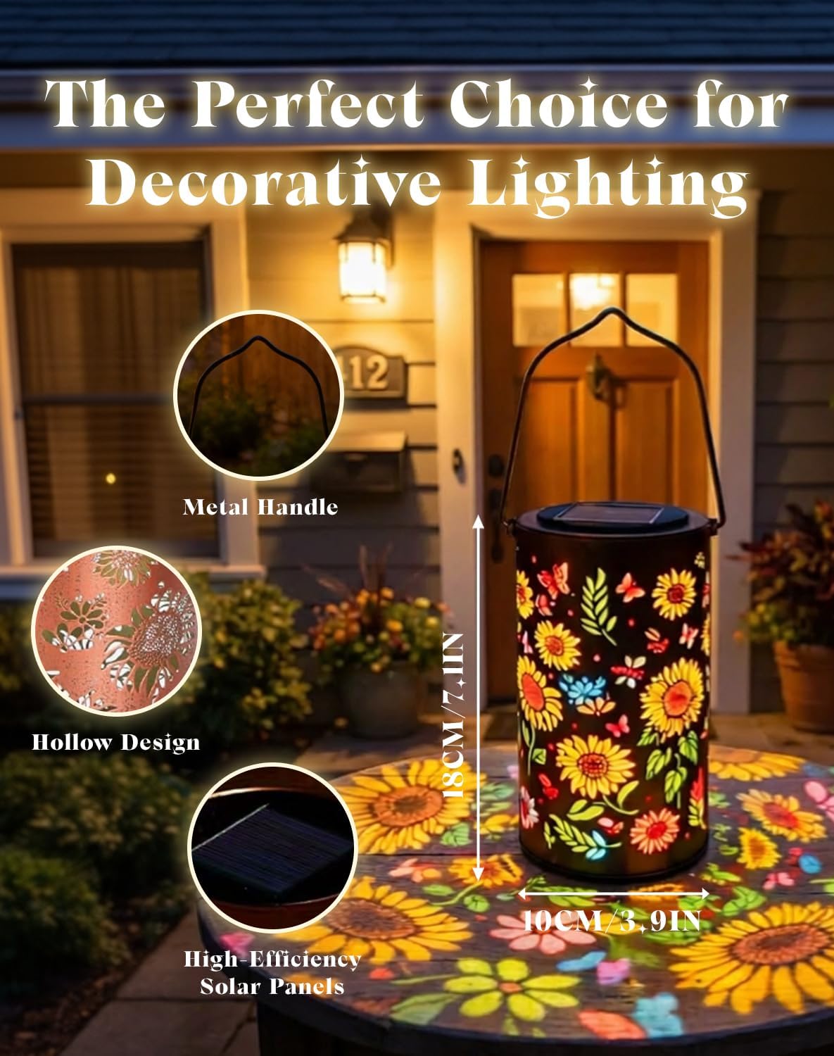 Colorful Sunflower Glow Solar Garden Lantern, Outdoor Solar Hanging Lantern with Colorful Projection, IP65 Waterproof Sunflower Metal Solar Light for Patio Yard Pathway Balcony Lawn (Dragonfly,Small)