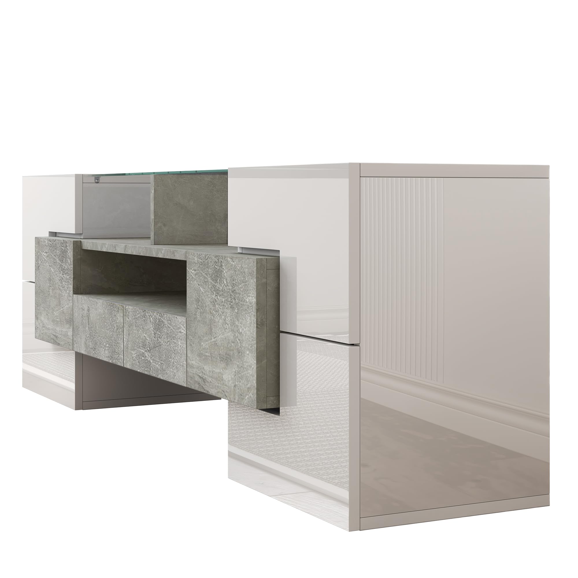 Meuble TV Long 145 cm lowboard avec Portes, tiroirs, Compartiments Ouverts, Meuble TV Surface vitrée avec éclairage LED Buffet Meuble TV pour Salon Gris
