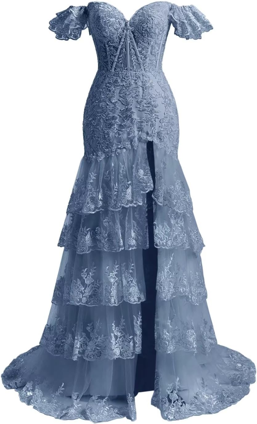 Eightale Off The Shoulder Sparkly Tiered Prom Dresses Tulle Appliques Mermaid Formal Evening Gowns