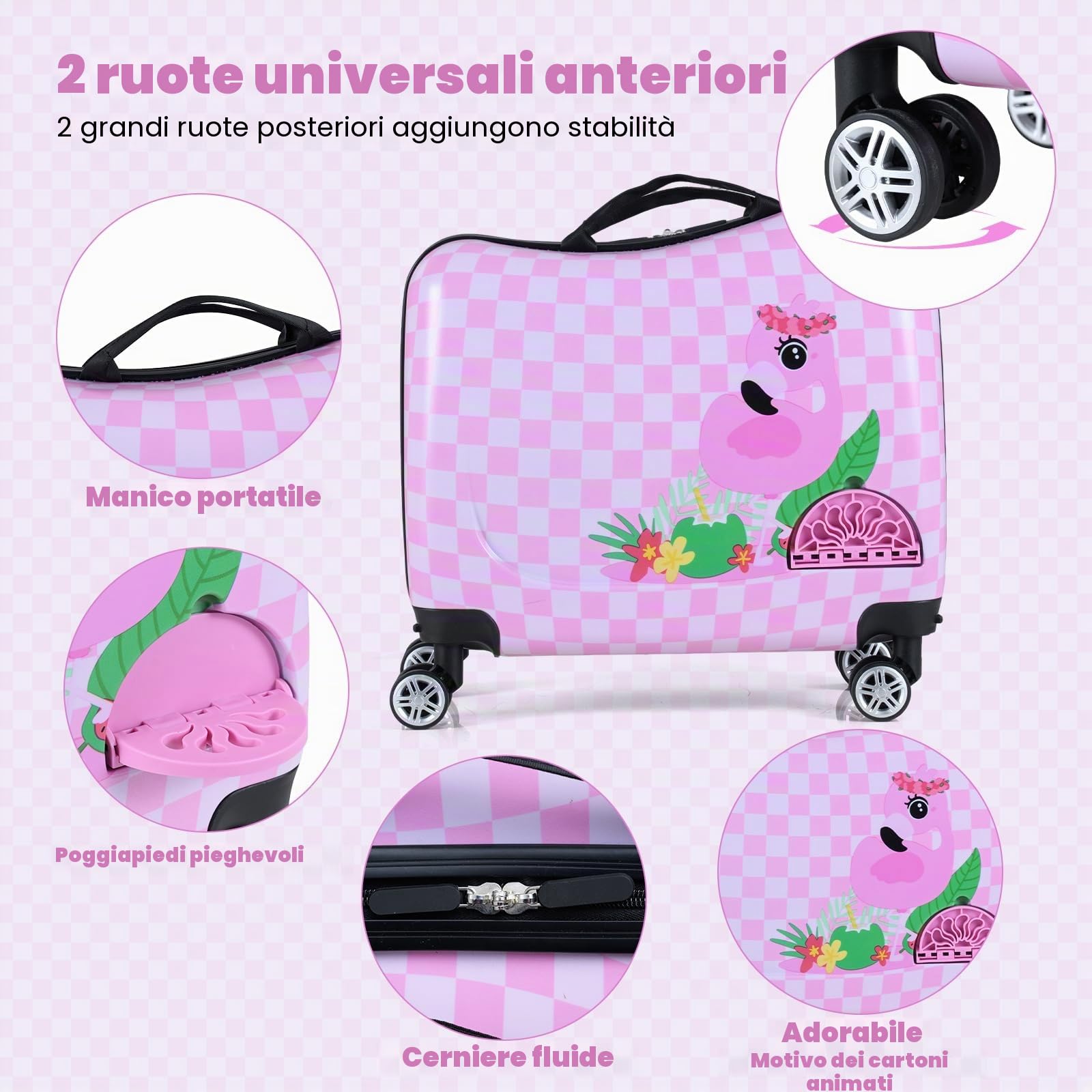 LIFEZEAL 18" Valigia Cabina Bambino con ruote con 12" Zaino Valigia da Inforcamento per Bambini con Corda per Tirare, Valigia da Viaggio Portatile con Motivi Animali Carini per Viaggio (Rosa Chiaro)