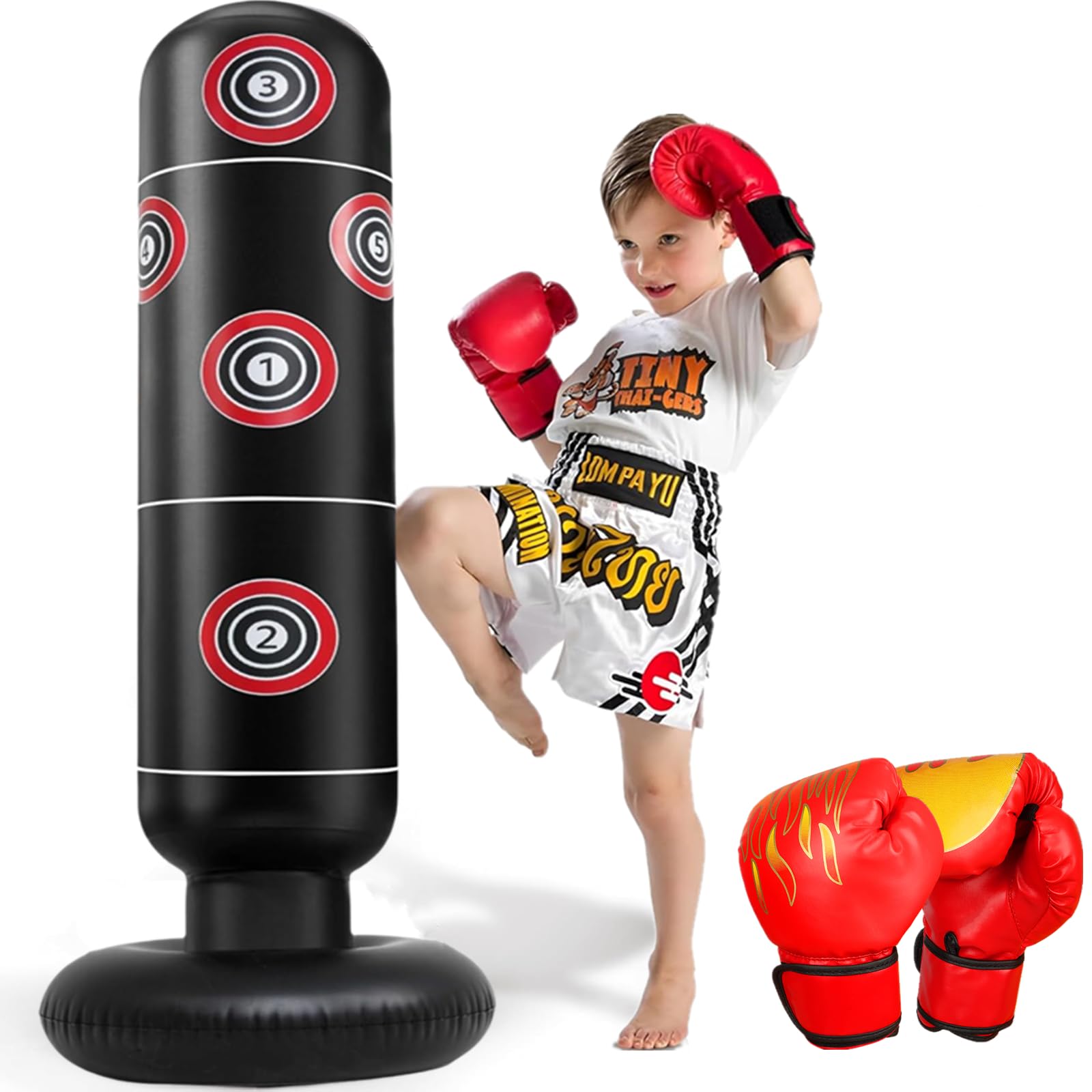 Sac de Boxe Enfant avec Gants de Boxe 160cm Gonflable Sac de Frappe pour Enfants 3-12 Ans Jouet d'exercice Amusant et Sûr pour Maison pour Garçons et Filles sans BPA