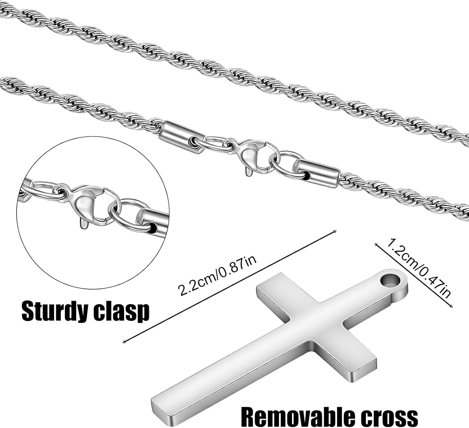 2 Pcs Stainless Steel Cross Pendant Cross Necklace for Men Layered Cuban Link Rope Chain for Mens Silver Black Jewelry Gifts Christmas - Image 3