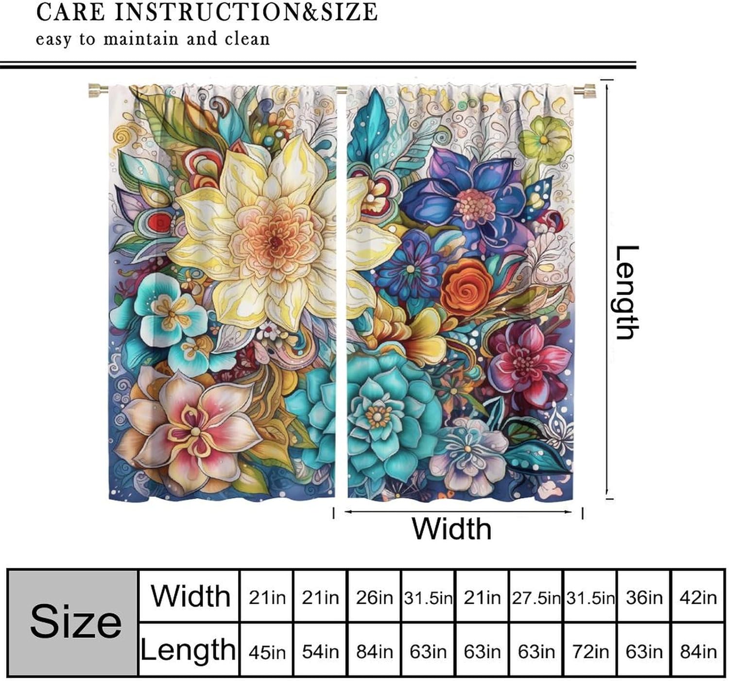 Boho Floral Blackout Curtains for Kitchen,Rustic Colourful Cartoon Abstraction Indian Hippy Mandala Plant Flower Window Drapes Print for Girls Bedroom Living Room Bathroom 52x84in