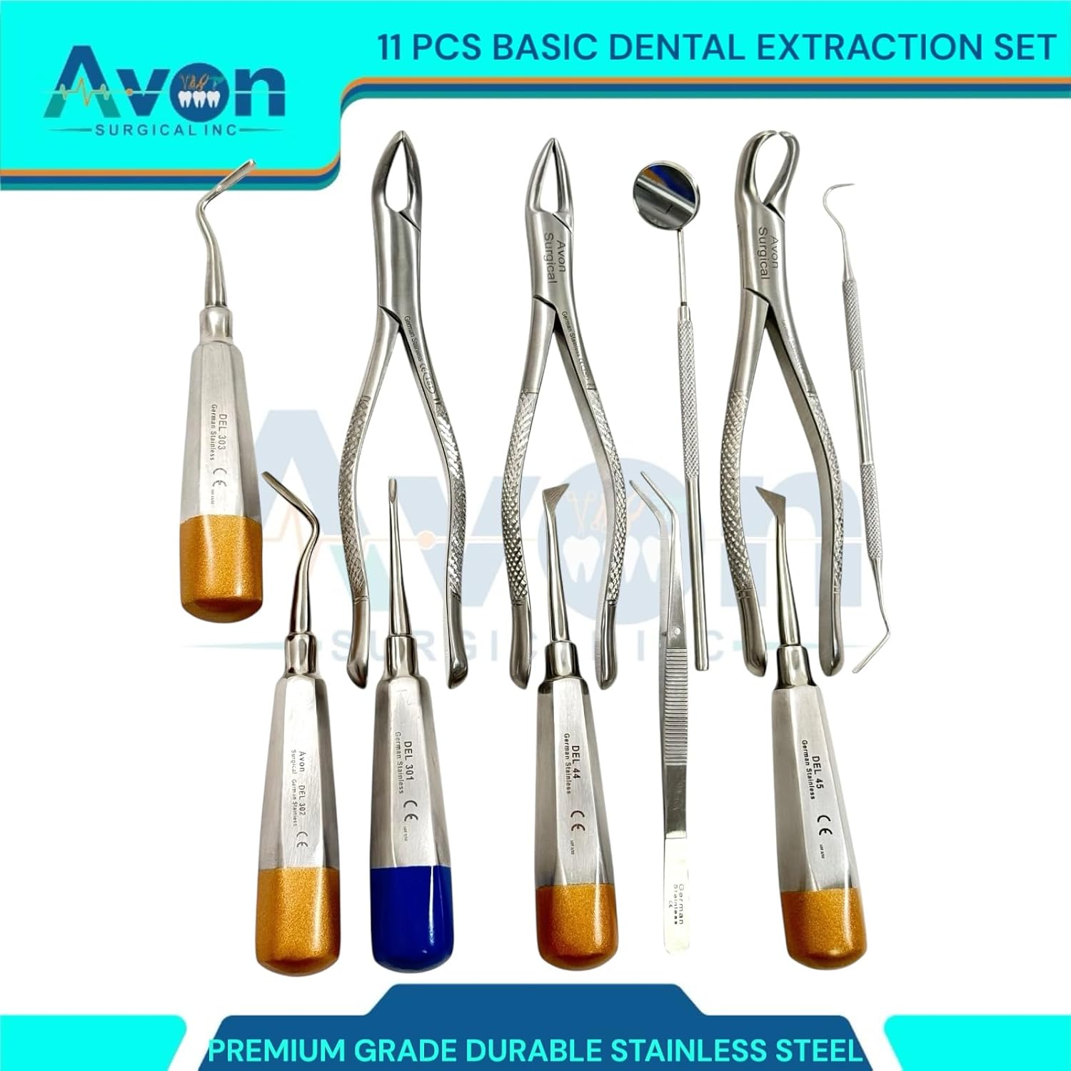 Set of 11pcs Essential Dental Oral Instruments - Extraction Forceps #150,151,23, Elevators #44,45,301,302,303, + 3 pcs Basic Examination - with Storage Pouch