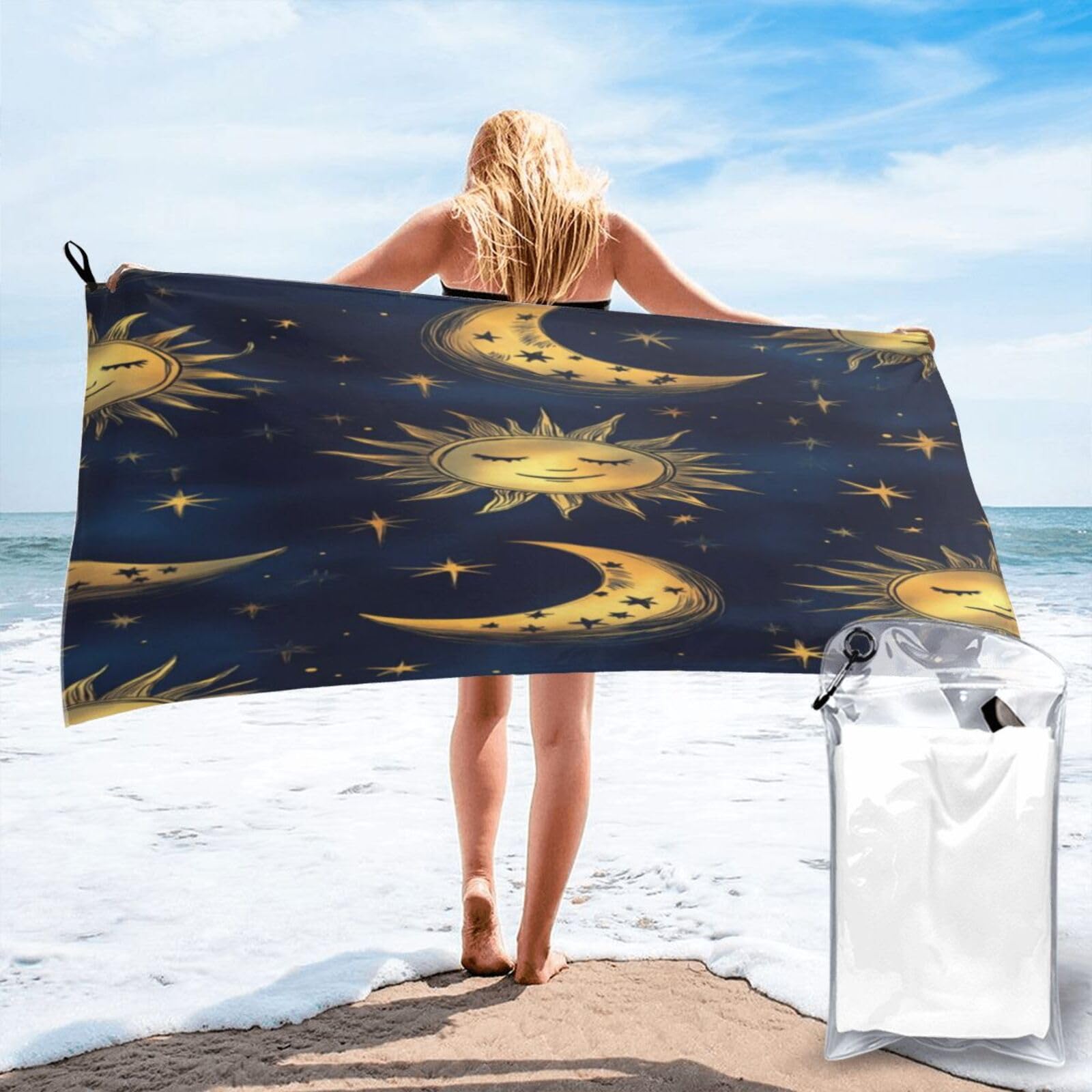 Anceky Whimsical Night Sky Pattern Illustration Quick Dry Microfiber Travel Towel with Carry Case and Carabiner 31.5"X63"