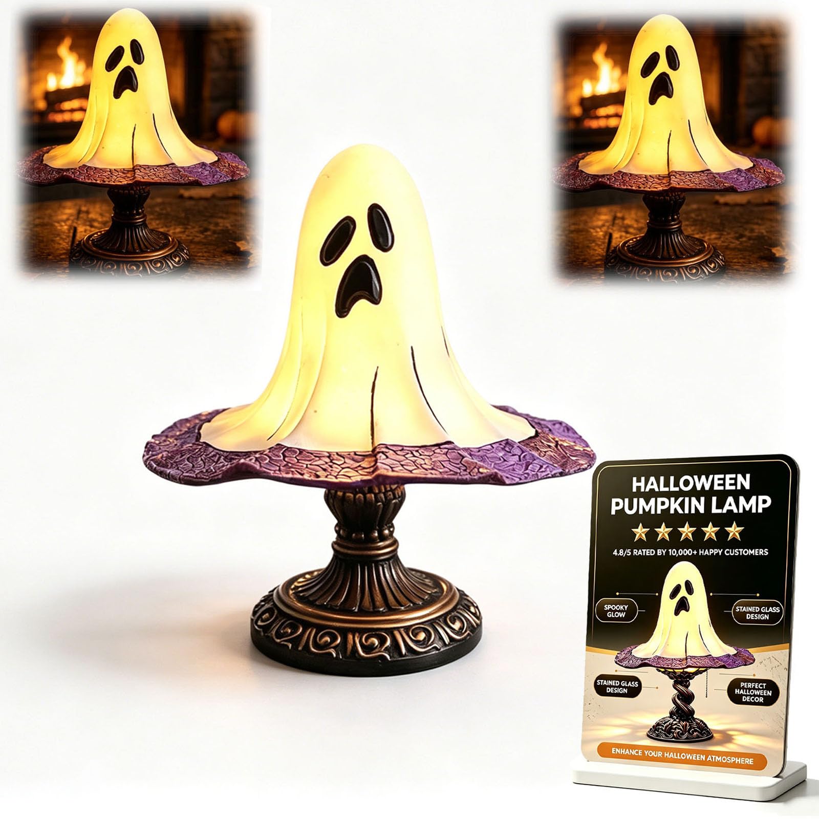 Stained Glass Halloween Pumpkin Table Lamp, Jack-O-Lantern Night Light, USB Powered Witch Hat Accent, Pumpkin Lantern Night Light, Vintage Gothic Desktop Ornament (B)