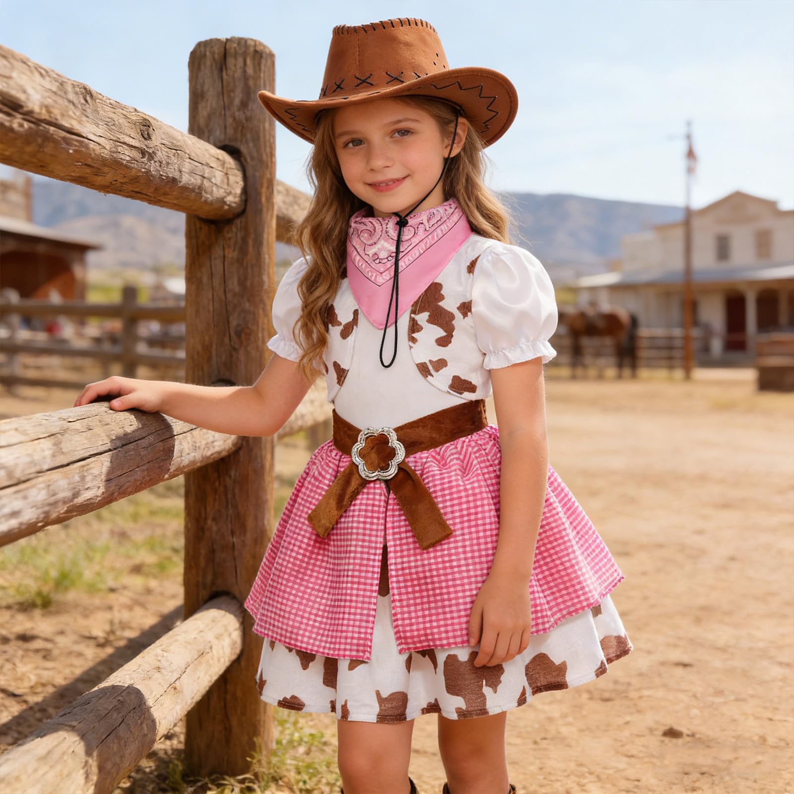 Generisch Cowgirl Kostüm Mädchen 3 Teiliges Cow Girl Karnevalskostüm mit Bandana und Hut Karneval Faschingskostüme Cowboy Fasching Pink Teenager für Kinder 8-13 Jahre