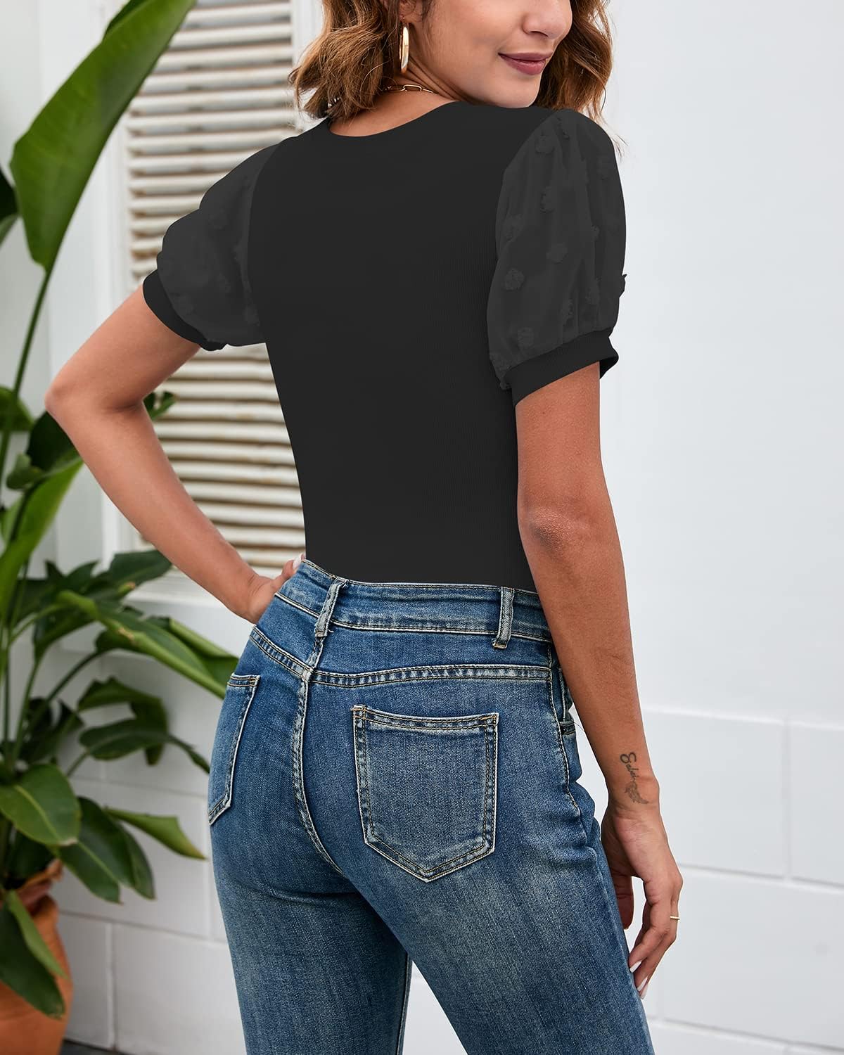 MIRALUNA Women's Round Neck Slimming Swiss Dots Mesh Puff Sleeve Bodysuit Blouse Casual Ribbed Knit Jumpsuit Shirts Tank Tops - Image 2