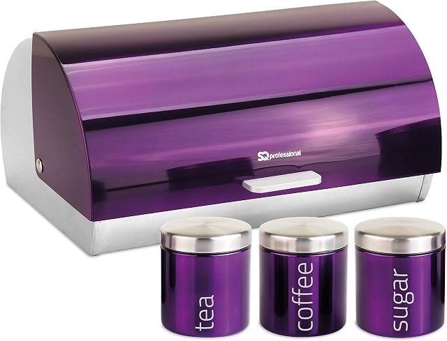 SQ Professional Gems Metallic Bread Bin and Tea Coffee Sugar Storage Jar | Canisters Set Purple (Amethyst)