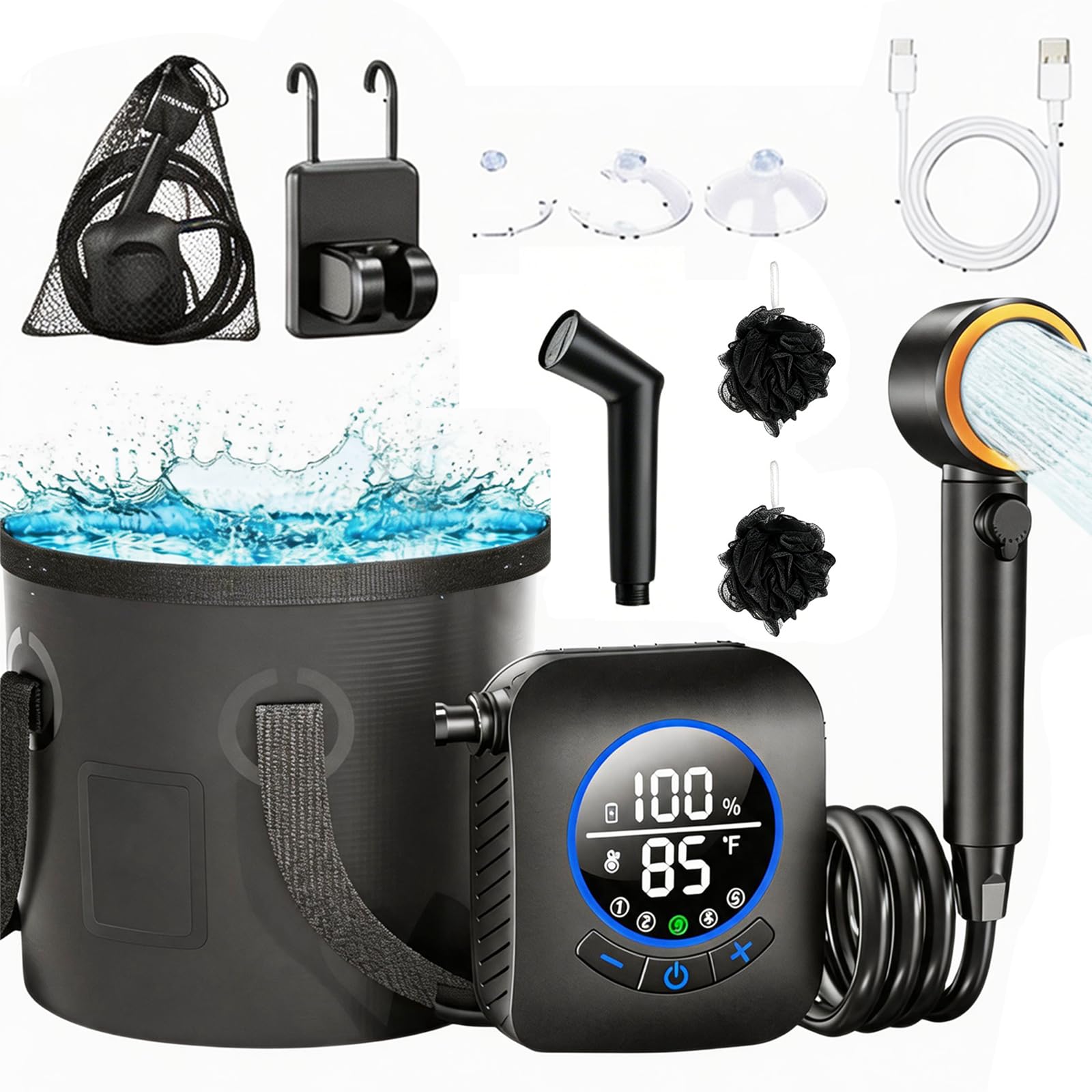 Douche De Camping Portable, Pompe De Douche 8000mAh avec Affichage De La Température Kit De Douche Mobile étanche IPX8 avec Pommeau De Douche Pliable Et Tuyau De 2 M pour Les Voyages