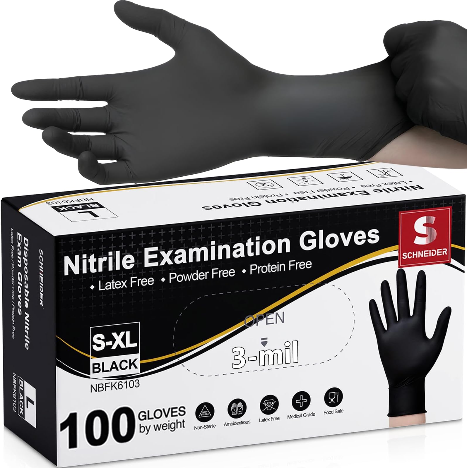 Schneider Nitrile Exam Gloves, Black Latex Free Powder Free Disposable Gloves for Medical, Cooking, Cleaning, and Food Prep