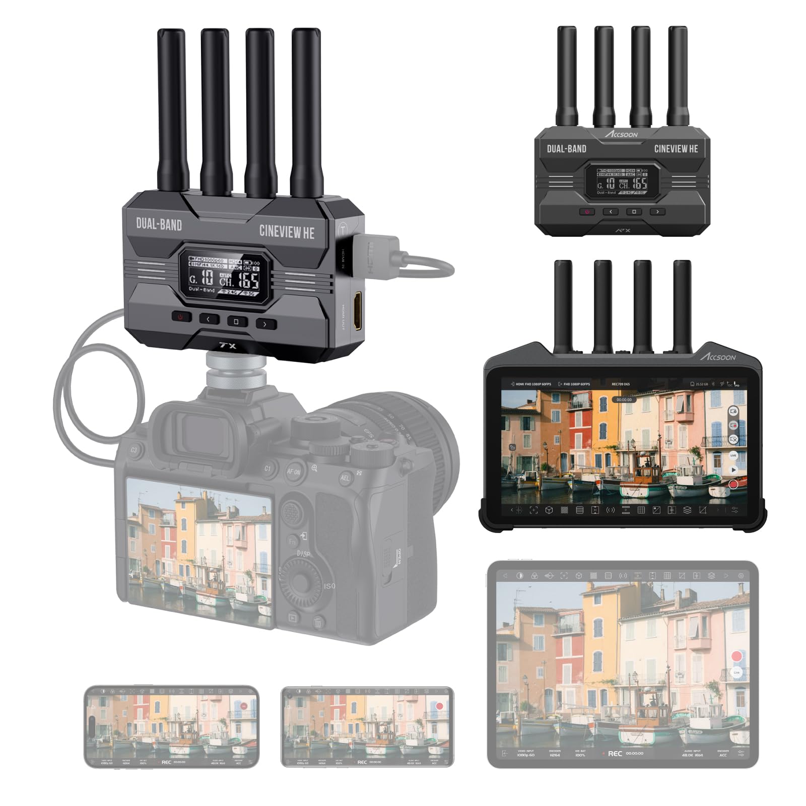 Accsoon CineView HE Wireless Video Transmission System with CineView M7 Pro 4K60 Wireless Video Transmitter&amp;Receiver&amp;7 Inch Camera Monitor