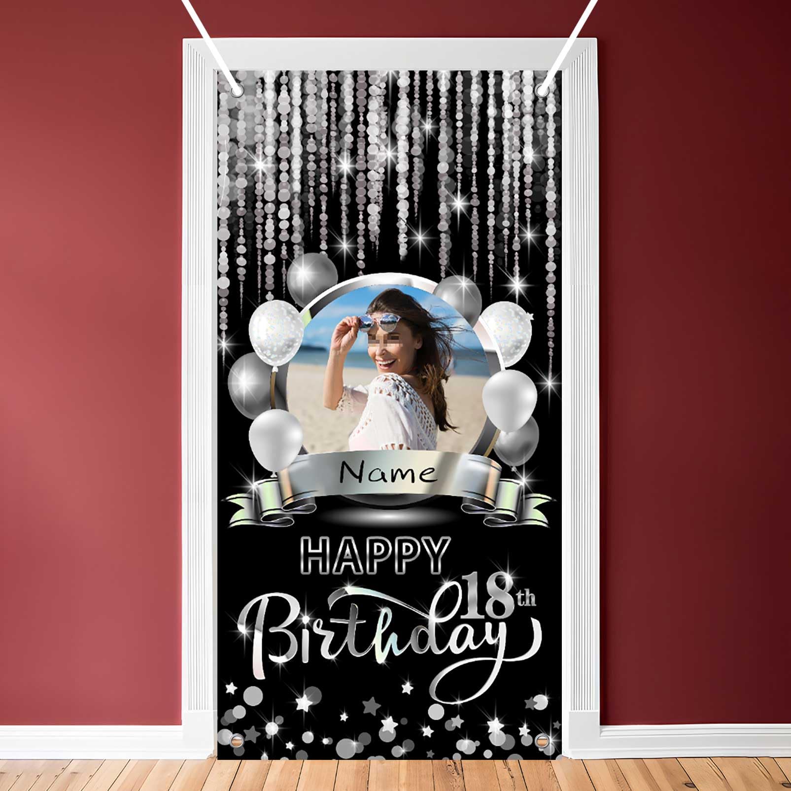 Dicodes Custom Black and Silver 18th Happy Birthday Door Banner Backdrop Birthday Decorations Party Supplies for Women Men(18th)