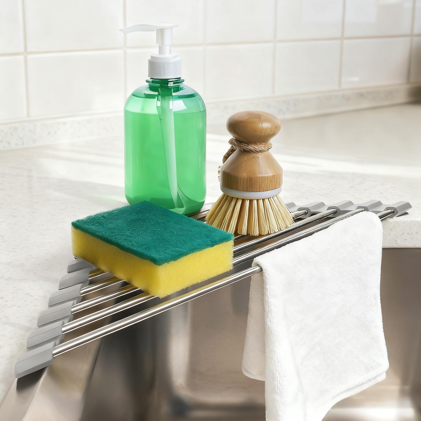 Triangle Dish Drying Rack Sink Caddy for Top of Sink Rack Stainless Steel Roll-Up Over The Sink Drainer
