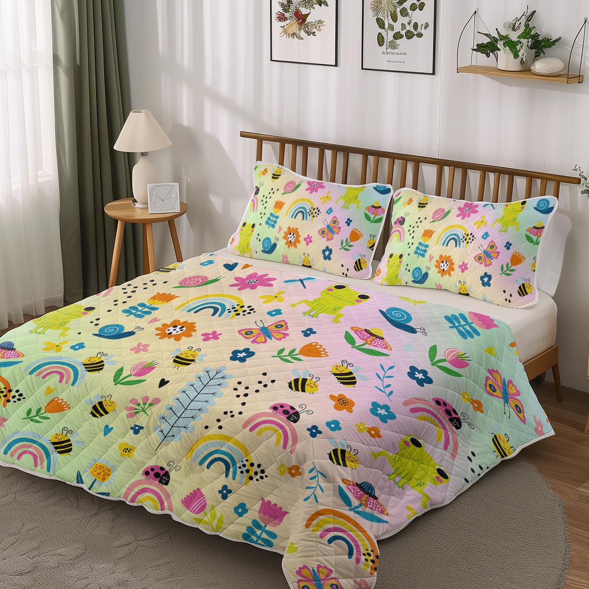 Sleepwish Bee Frog Print Quilt Set Soft Lightweight Bed Set Colorful Butterfly Bedspread 3pcs for Kids Girls with 1 Quilt and 2 Pillow Covers (Twin)