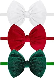 YanJie Hairband - Handmade Stretchy Nylon Hairbands with 3 Green-velvet Bows, Ideal for Baby Infants Toddlers Child, Unisex-B, 1 Count (Pack of 3)
