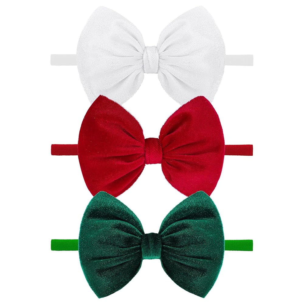 YanJie Hairband - Handmade Stretchy Nylon Hairbands with 3 Green-velvet Bows, Ideal for Baby Infants Toddlers Child, Unisex-B, 1 Count (Pack of 3)