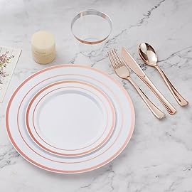 BESTVIP 600PCS Plastic Dinnerware Set (100 Guests), Rose Gold Disposable Plates for Party, Wedding, Christmas, Anniversary, Includes: Dinner Plates, Dessert Plates, Cups, Spoons, Forks and Knives