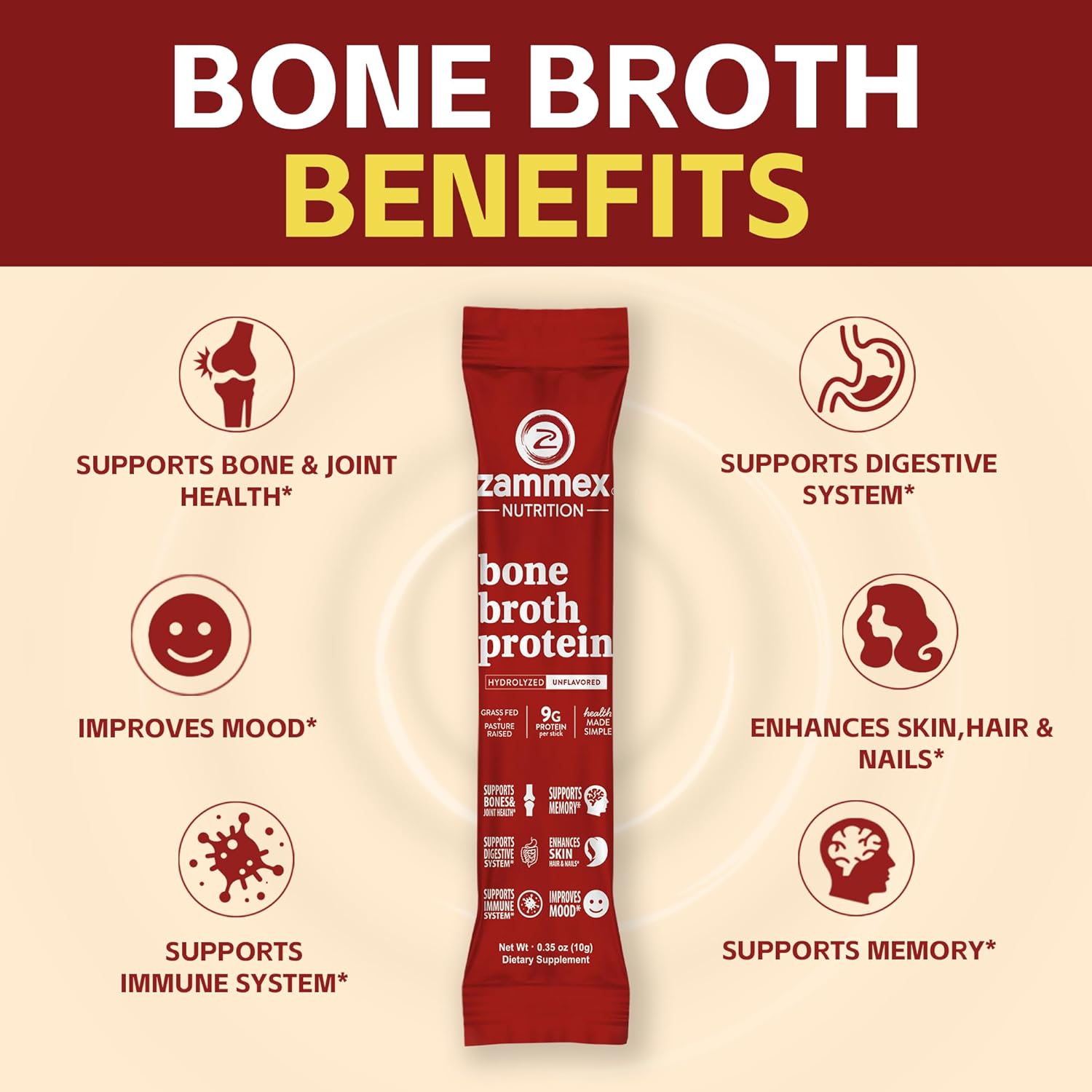 Zammex Bone Broth Collagen Packets-18g Collagen Protein-Bone Broth Powder to Go-30 Travel Packets-Supports Skin Nails Joints, Gut Health | Gluten-Free |Keto & Paleo Friendly-Natural Flavor