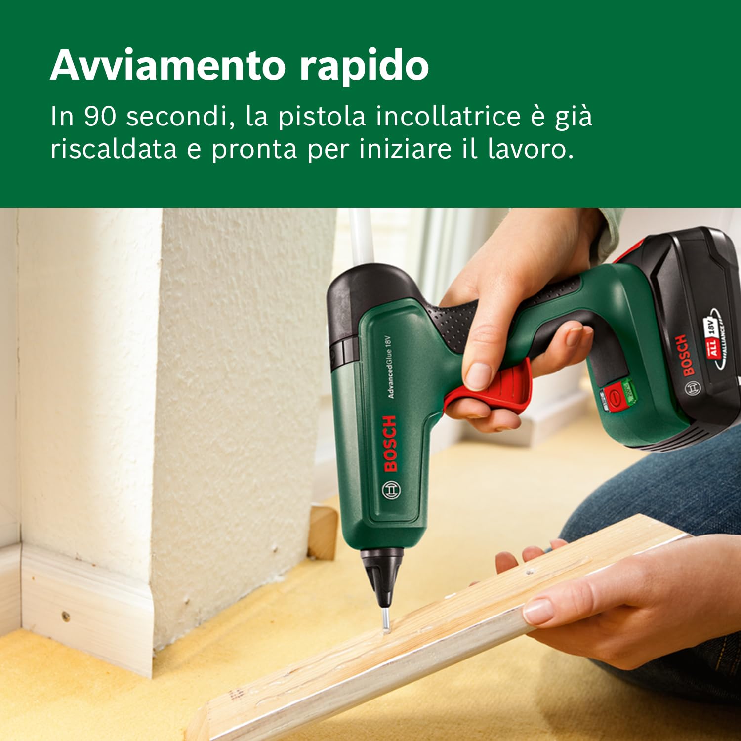 Bosch AdvancedGlue Gun - Pistola per colla da 18 V (senza batteria; Sistema da 18 V; 4 stick di colla; Tempo di riscaldamento: 90 secondi; due scelte di temperatura: 130 °C - 200 °C)
