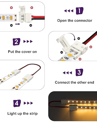 HitLights LED Light Strip Connector, 8mm Single Color 3528 - 6 Inch Any Angle Strip to Strip, 12 Pack