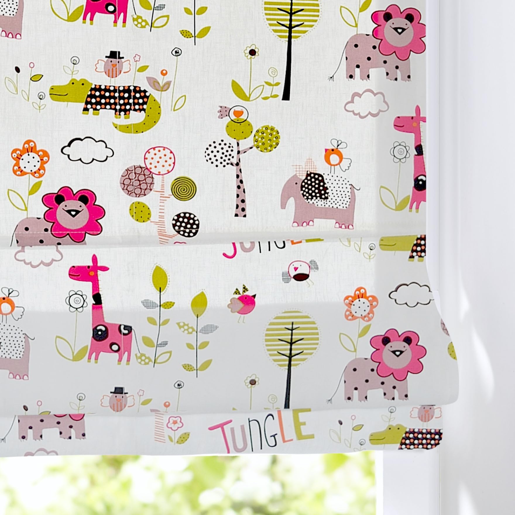 Buntes Ösenrollo Safari, Kinderraffrollo mit Tiermotiv, lichtfilternd und Blickdicht in der Größe 80 x 130 cm