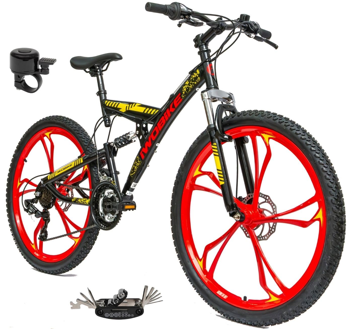 Rower Górski MTB, 26 Cali, Czarny Połysk z Czerwono-Żółtymi | Rower Górski MTB, 26 Cali, Czarny Połysk z Czerwono-Żółtymi Akcentami, Unisex, 21 Biegów, Rama Stalowa 47cm, Amortyzacja Prze