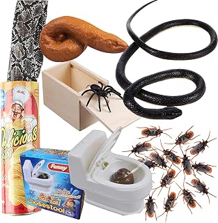 Prank Kit Funny Gag Gifts, Realistic Rubber Snakes Fake Roaches Surprise Spider Box for April Fools Day Halloween Party Decoration Adults Men Kids