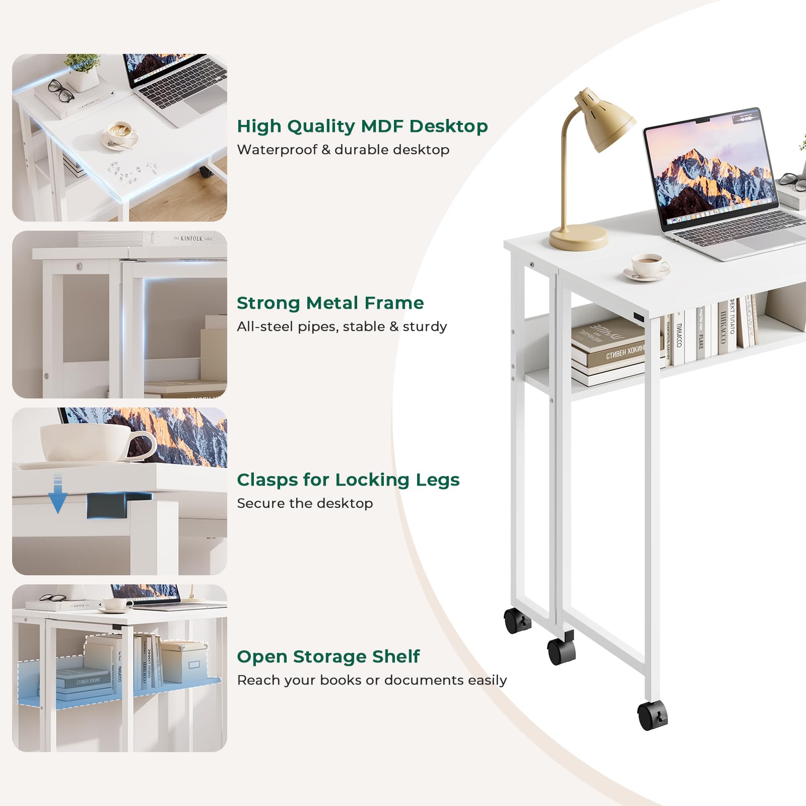 Dripex Klapptisch mit Rollen 80x50 cm, Platzsparender Klappschreibtisch Computertisch Faltbar Tisch mit Stauraum, Schreibtisch Klappbar für Homeoffice Arbeitszimmer, Weiß