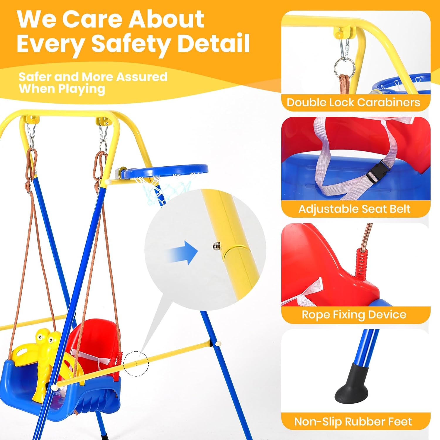 Garvee Upgraded Toddler Swing with Basketball Hoop, Baby Swing Outdoor with Detachable Design, Safety Belt, Foldable Frame for Backyard/Indoor/Outdoor Play, Easy to Assemble & Store