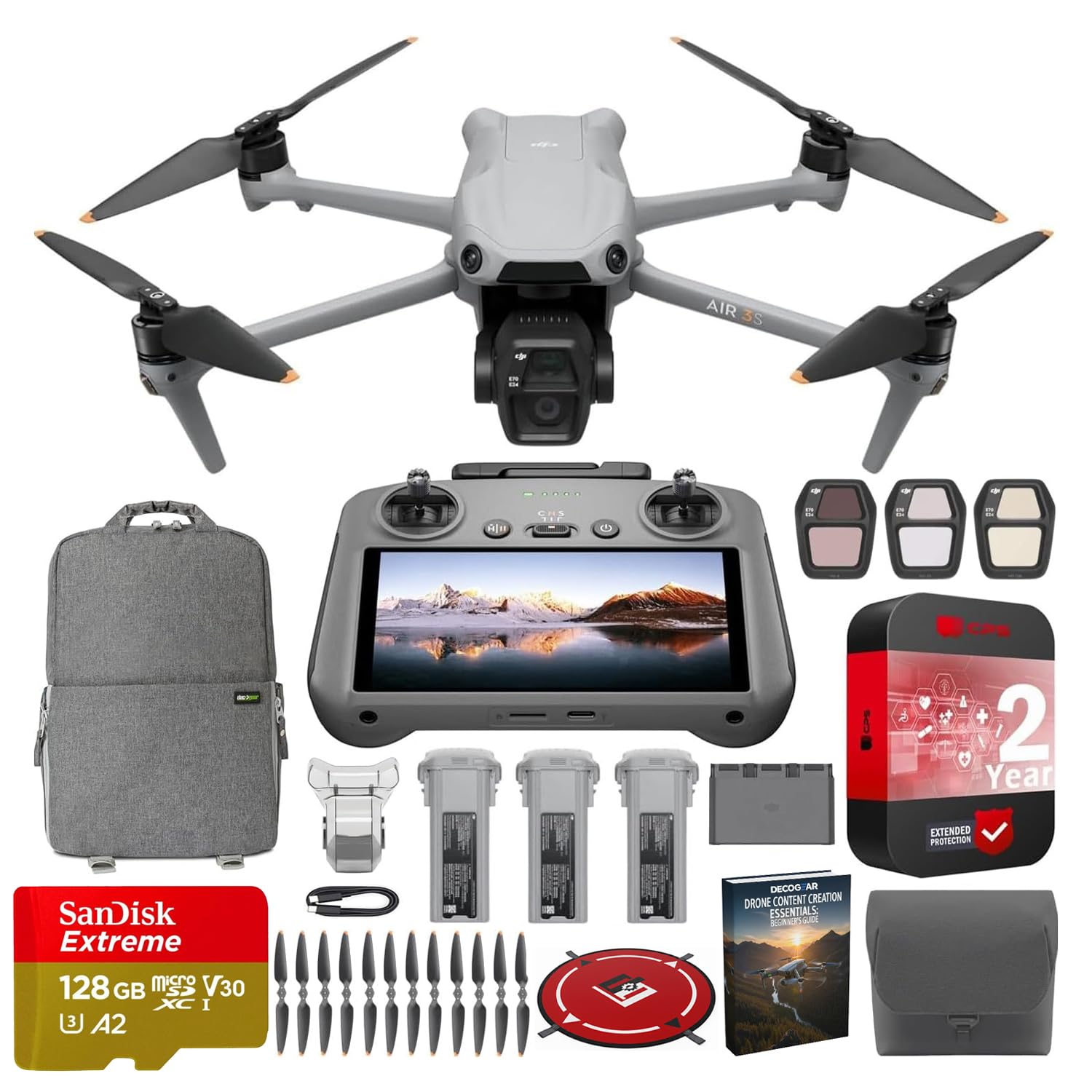 Air 3S Fly More Combo (RC 2 Screen Remote) Drone with 1" CMOS Wide-Angle & Medium Tele Camera, 4K/60fps, Omnidirectional Sensing, Smart RTH, 3 Battery Bundle with Deco Gear Accessories