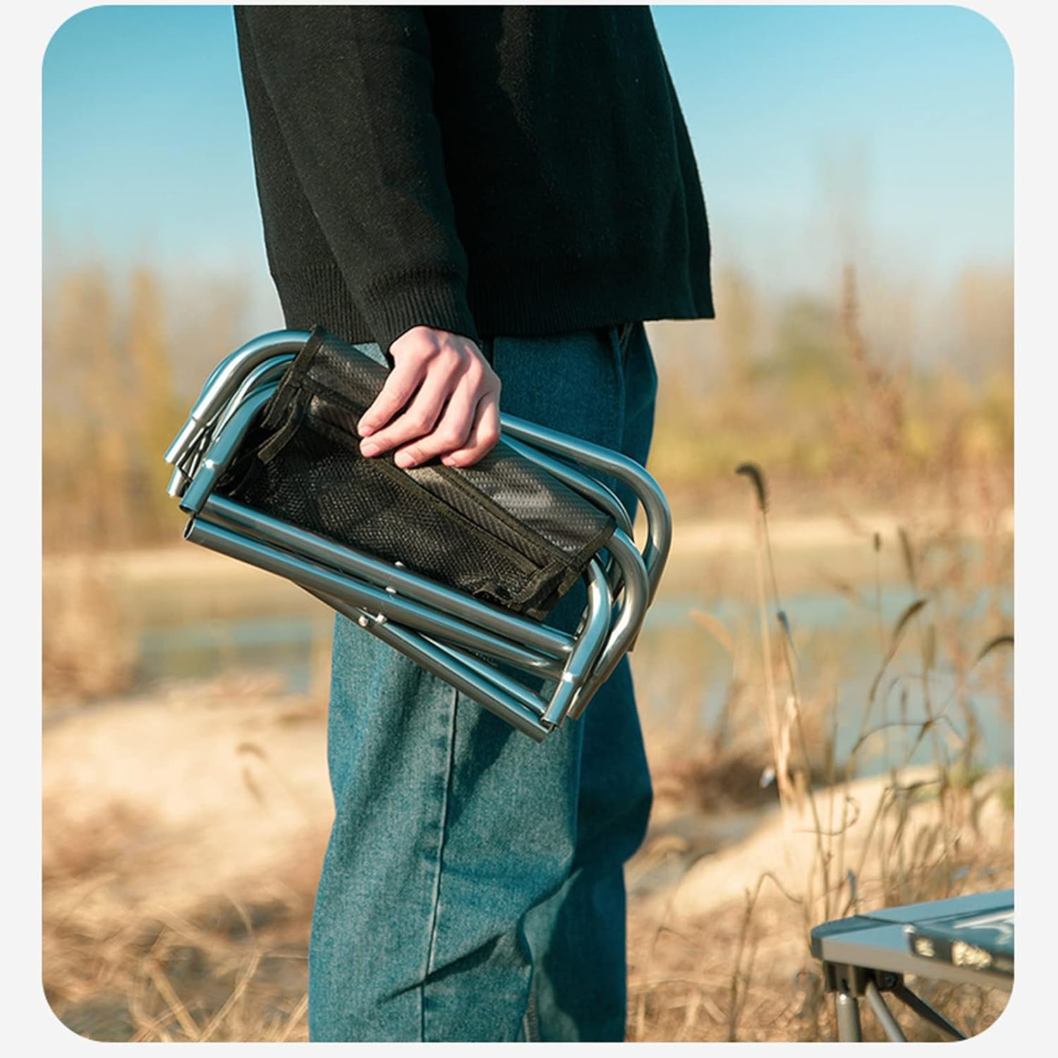 Oversized Portable Folding Stool, Aluminum Alloy Camping Stool with Storage Pocket, High Density Jacquard Fabric for Outdoor, Picnic, Travel