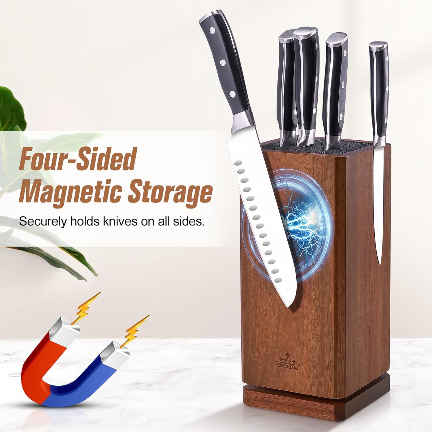 360° Rotating Magnetic Knife Block without Knivies, Acacia Wood Knife Holder with Removable Bristles, Large Capacity Knife Storage Organizer for Kitchen Countertop