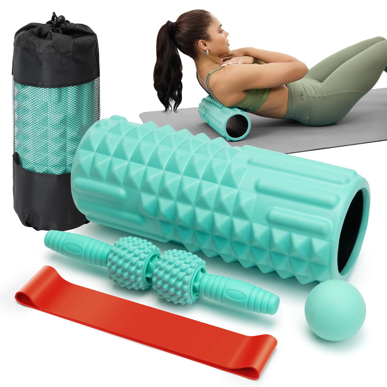 5 in 1 Foam Roller Set - Back Roller Foam, Massage Roller Stick, Massage Ball, Resistance Band for Physical Therapy & Deep Tissue Muscle Massage (