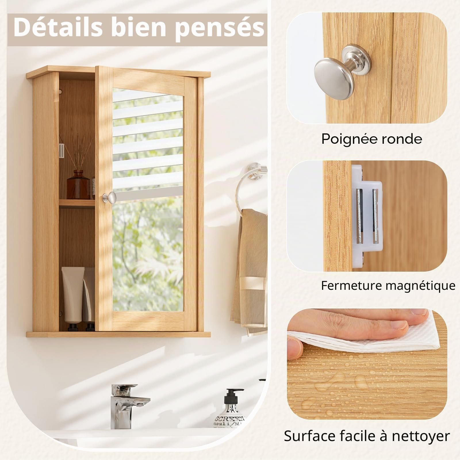 GIANTEX Armoire Murale avec Mirror, Meuble Salle de Bain Rangement avec Étagère Réglable & 2 Compartiments, Placard de Rangement pour Toilette, Salon, 34 x 15 x 53 cm (Naturel)