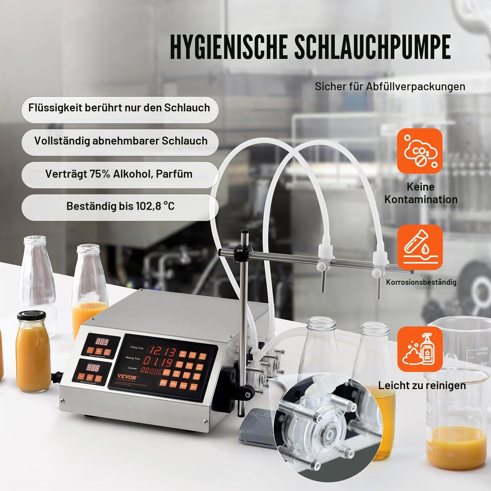 VEVOR Abfüllmaschine Automatisch/Pedalschalter Flüssigkeitsabfüllmaschine 650 ml/min Flaschenabfüllmaschine 340 x 260 x 140 mm Pastenfüllmaschine Edelstahl 201 Füllmaschine Digital Wein Milch usw.