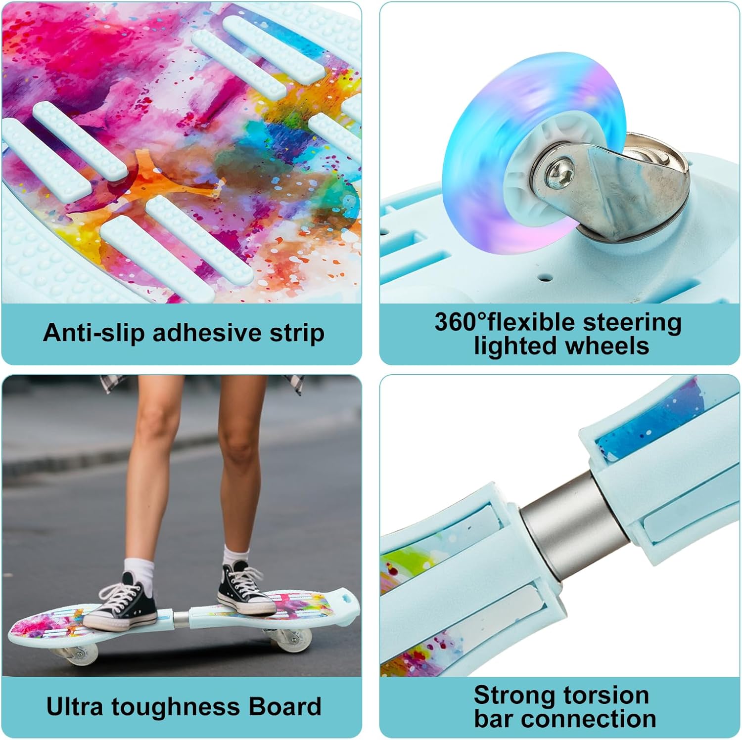 Durable Caster Skateboard with 2 Illuminated Wheels, 360 Degree Turning Skate Board, Funny Twistboard for Teens and Adults