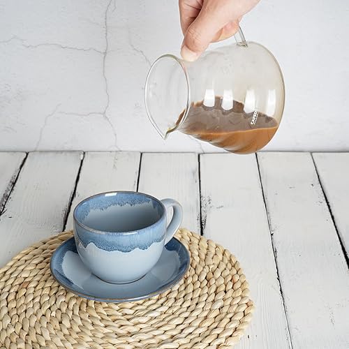 Miniatura 5 de Bosmarlin Juego de 2 tazas y platillo de cerámica para capuchino, 10 onzas, tazas de café para café con leche, expreso, té, lavavajillas y