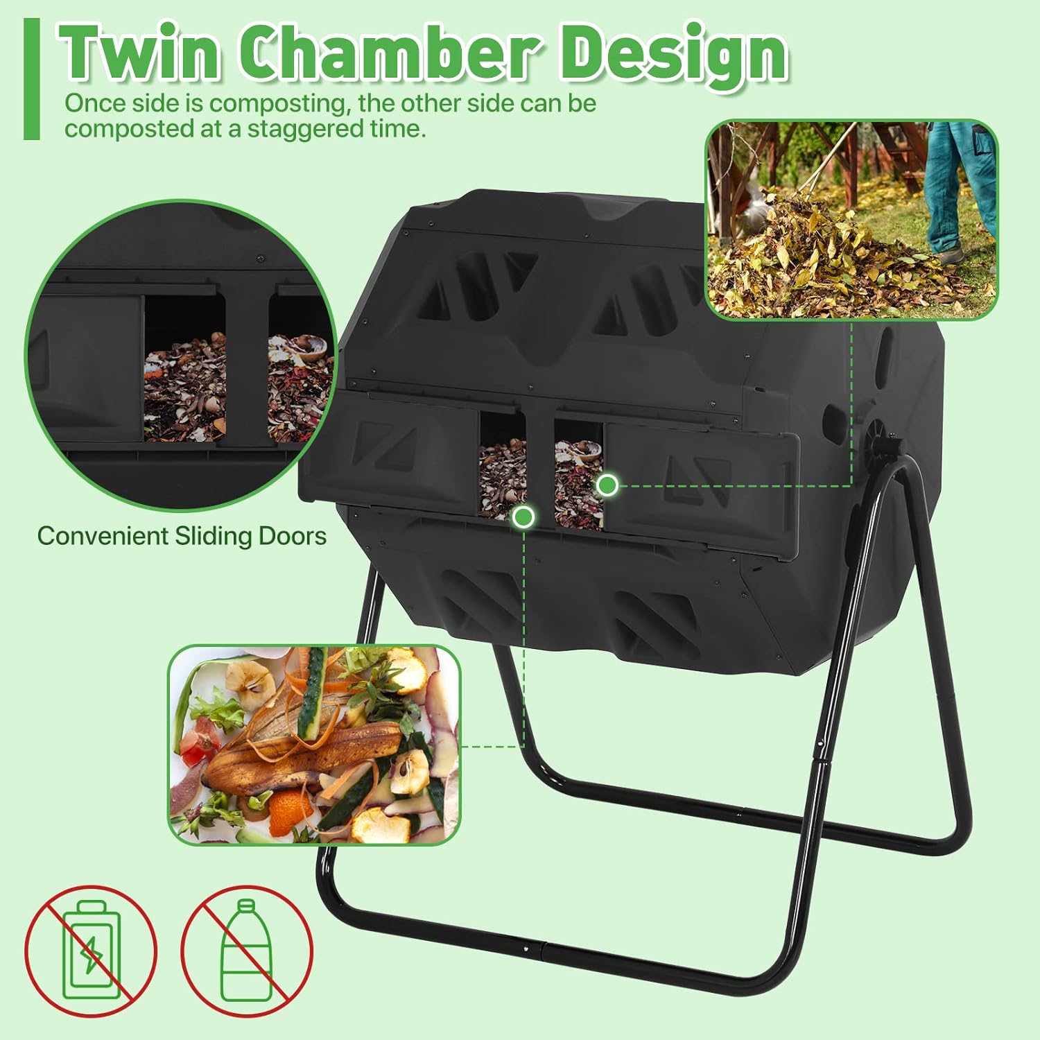 43 Gallon Outdoor Compost Bin Large Tumbling Composter Garden Dual Composting Bins with Dual Chamber Sliding Doors & Aeration System for Garden Patio, All Season Composter, Black Door