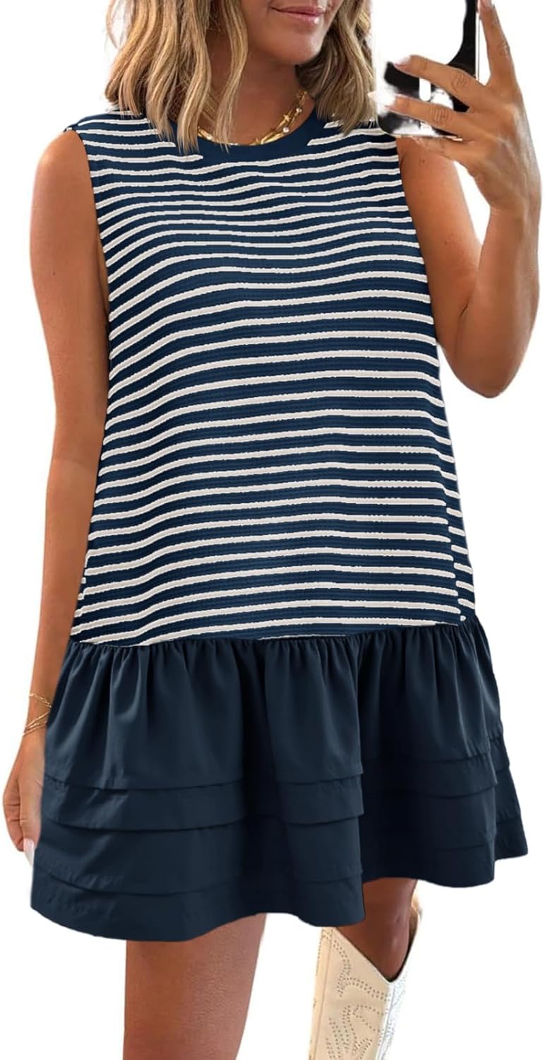 Wenrine Womens Striped Sweatshirt Dress Casual Sleeveless Crewneck Constrast Patchwork Loose Tank Mini Dresses