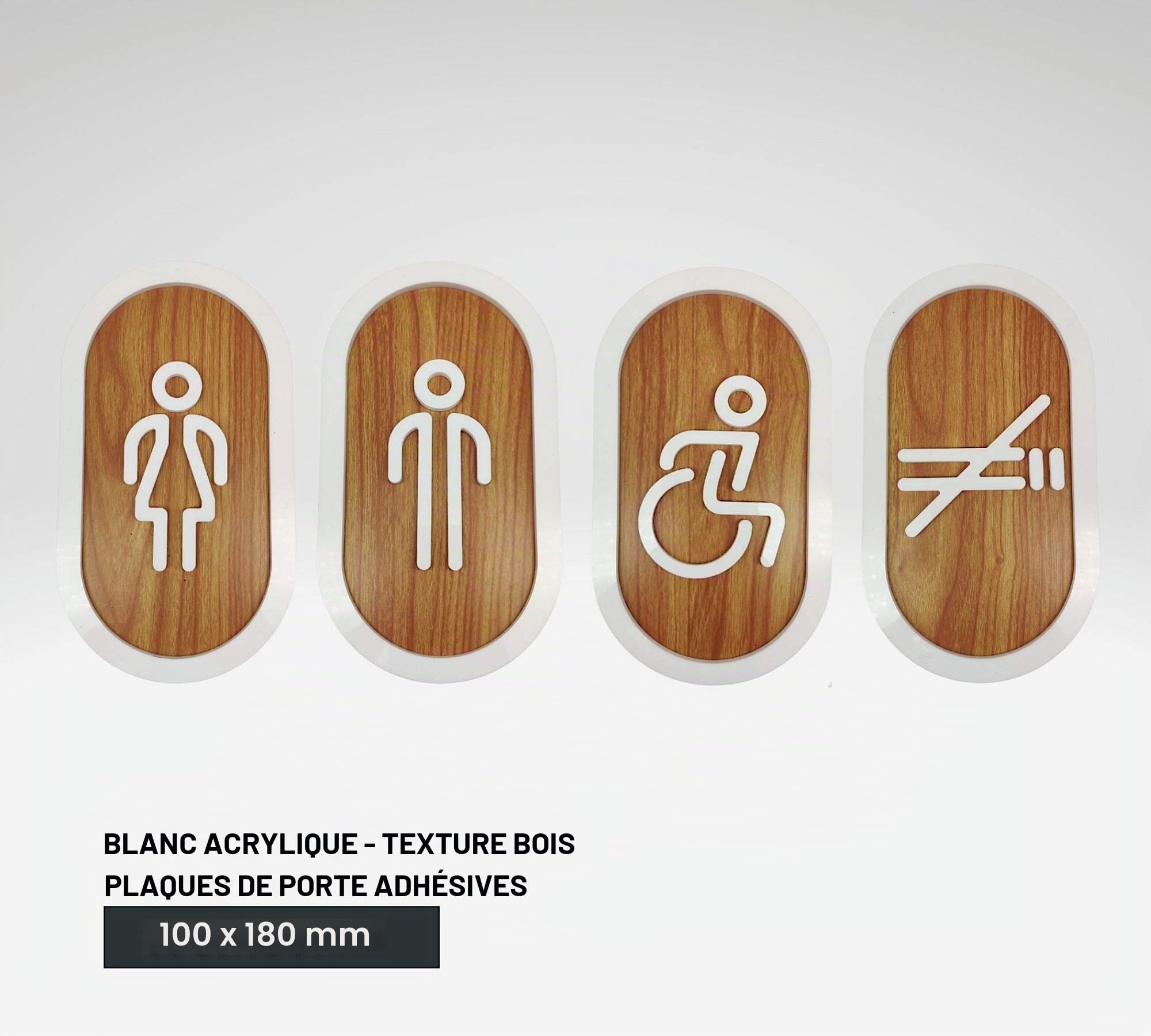 DOJA Barcelone | Plaque de Toilette Pictogramme en Bois | Femme + Homme + Handicap | 180 mm x 100 mm | Autocollants Porte de Toilette | pour Magasin, Bureau, Restaurant, Maison...
